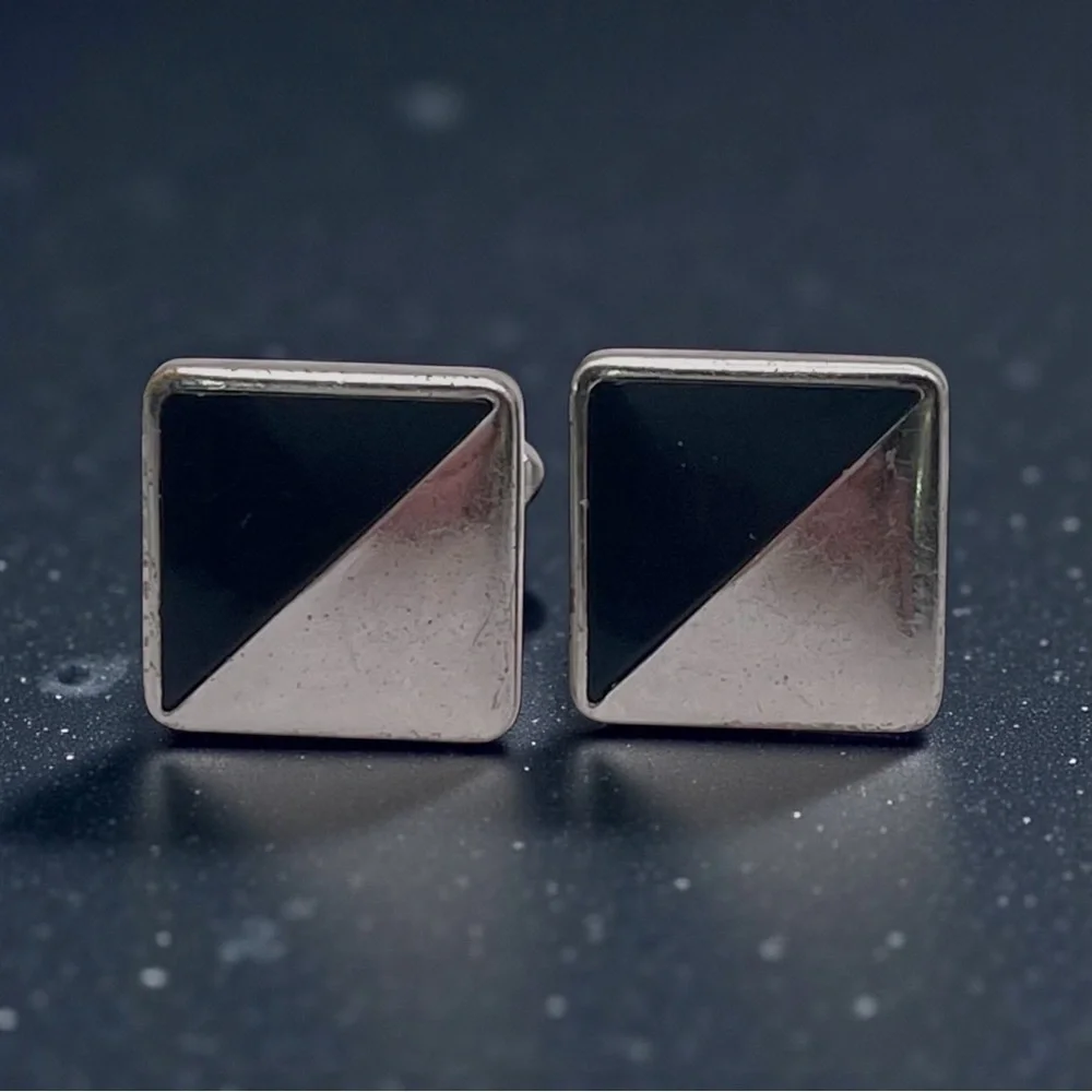 Elegant Vintage Anson Silver Tone a Black Cufflinks With Geometric Block Design